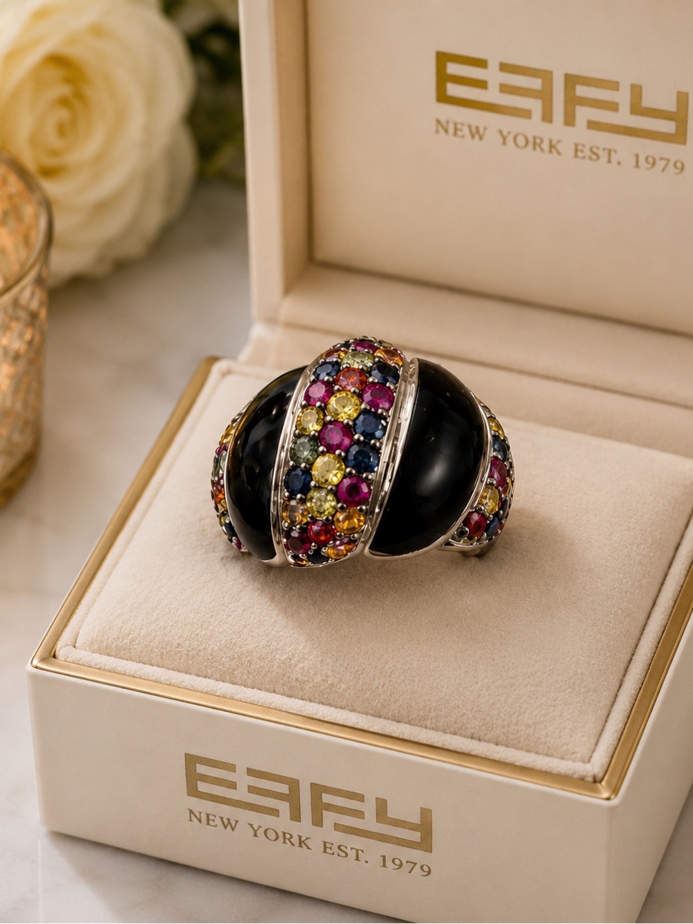 Effy Black Onyx ladies Ring with Multicolor Gemstone Bands Size 7/Gift